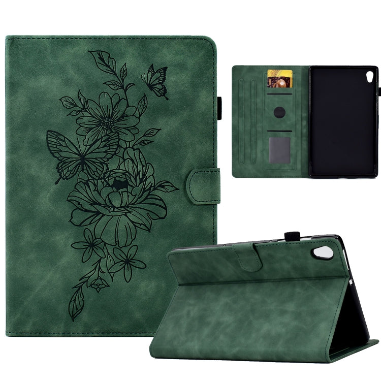 Green smart tablet case with butterfly and floral line art; front cover and stand visible