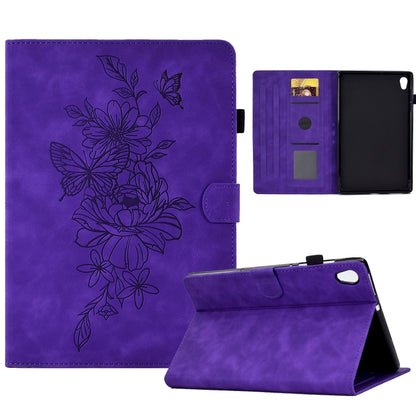 Purple smart tablet case with butterfly floral emboss; open interior and front stand view