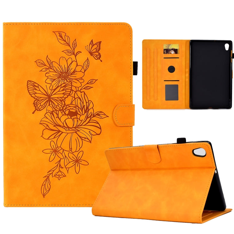 Peony butterfly embossed leather smart tablet case, orange floral pattern with flap closure tab