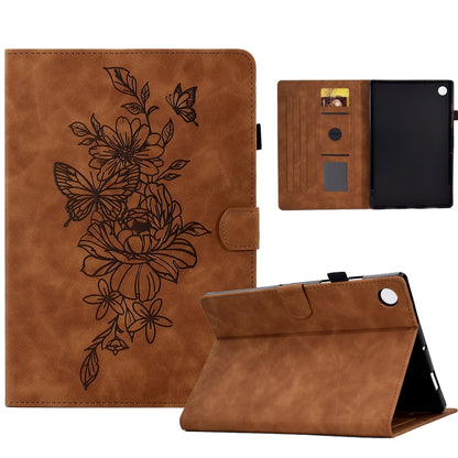 Brown leather smart tablet case, peony-butterfly embossed floral motif, kickstand view