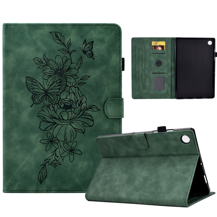 Green smart tablet case with butterfly floral emboss; open card slots and flip stand shown