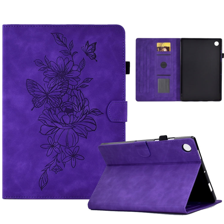 Purple embossed peony butterfly leather smart tablet case, folio stand and side strap