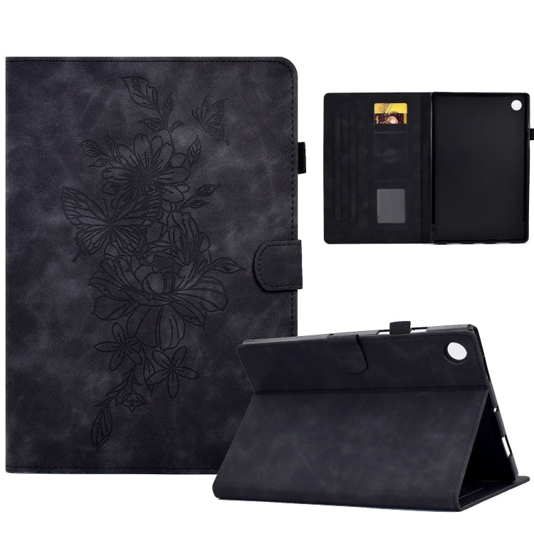Dark embossed floral smart tablet folio case with inside card slots and angled kickstand