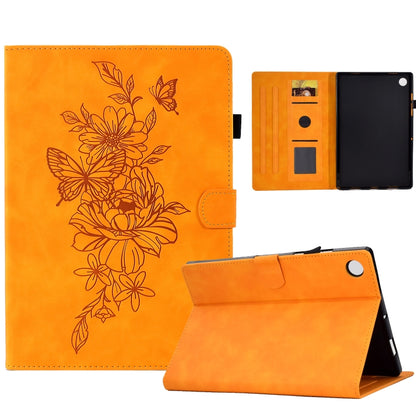 Peony butterfly embossed leather smart tablet case, orange floral pattern with interior slots