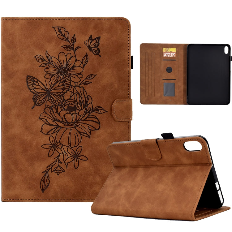Brown leather smart tablet case with peony-butterfly embossed floral design and inner pockets
