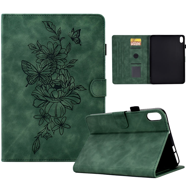 Green smart tablet case with butterfly floral line art; angled stand position and open interior