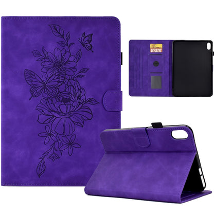 Purple embossed peony butterfly leather smart tablet case with side button cutout and stand