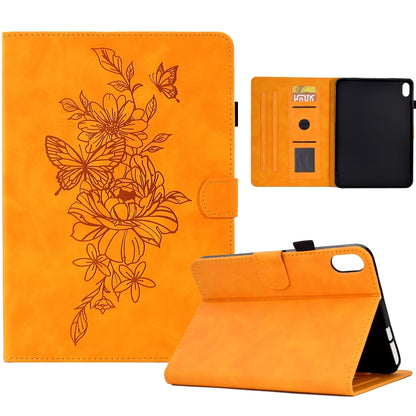 Peony butterfly embossed leather smart tablet case, orange floral pattern with open device access