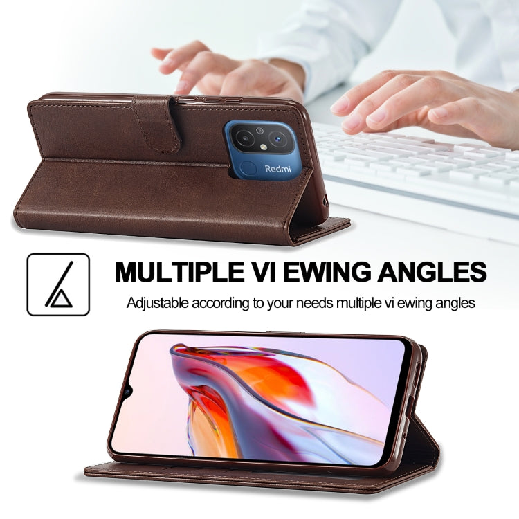 Brown flip leather phone case with kickstand stand position and camera cutout