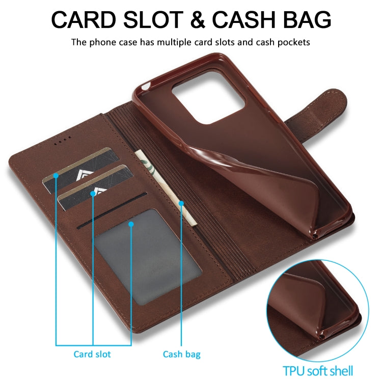Brown flip leather case interior with card slots and cash pocket, plus TPU back