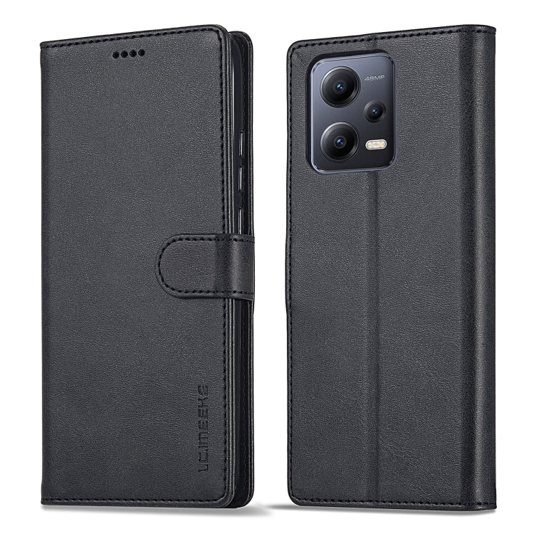Black calf-texture leather flip phone case with horizontal opening and camera cutout