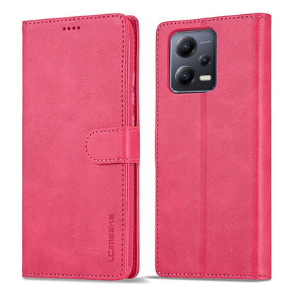 Red calf-texture leather flip phone case with horizontal opening and camera cutout