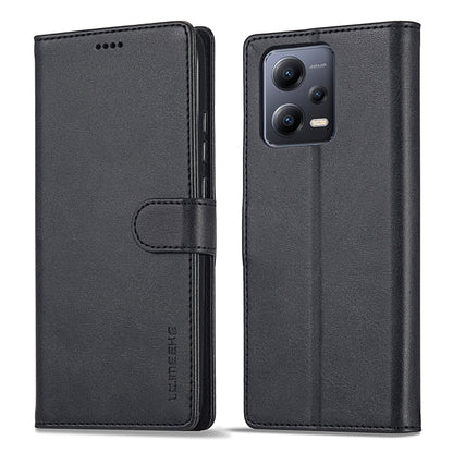 Black calf-texture leather flip phone case with horizontal opening and camera cutout