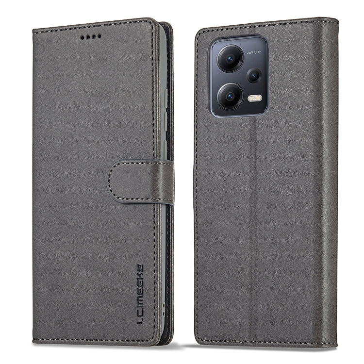 Grey calf-texture leather flip phone case with horizontal opening and camera cutout