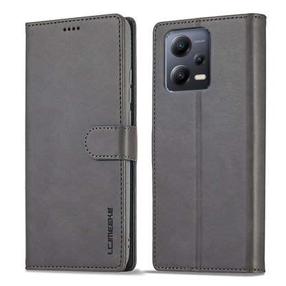 Grey calf-texture leather flip phone case with horizontal opening and camera cutout