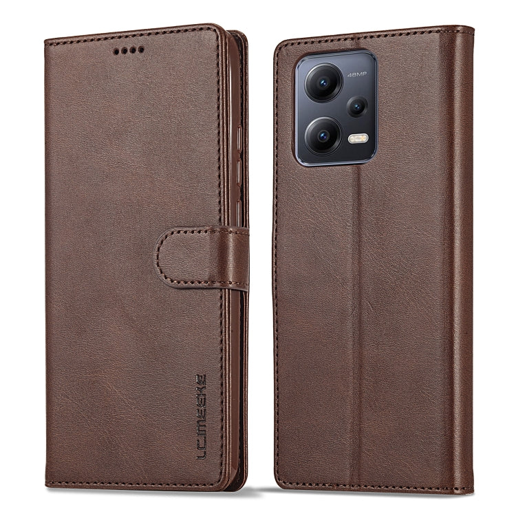 Brown calf texture leather flip case with card pocket and stitched belt strap