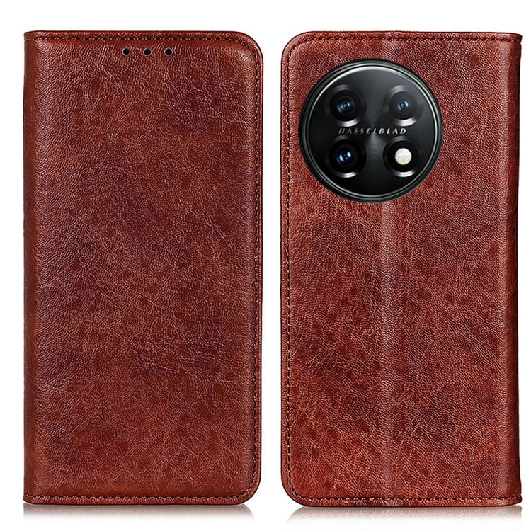 Brown crazy horse leather magnetic flip phone case with circular camera cutout
