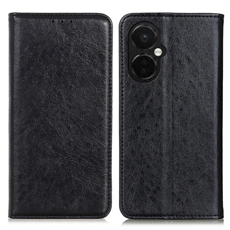 Black crazy horse leather magnetic flip phone case, back camera opening and stitched edges