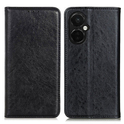Black crazy horse leather magnetic flip phone case, back camera opening and stitched edges