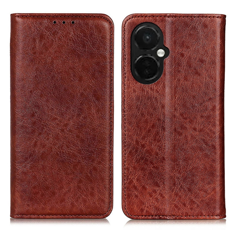 Brown crazy horse leather magnetic flip phone case, front cover and camera opening
