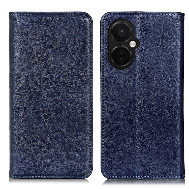 Blue leather-texture folio phone case with top cutouts and dual camera opening
