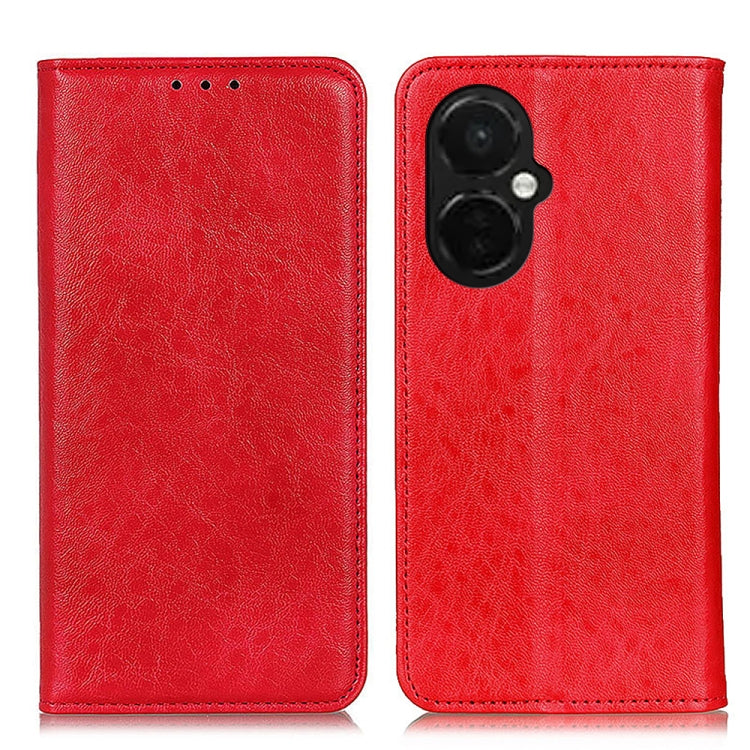 Red leather-texture folio phone case with top cutouts and dual camera opening