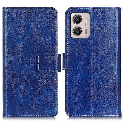 Blue leather flip phone case with textured finish, card holder, multiple camera cutouts