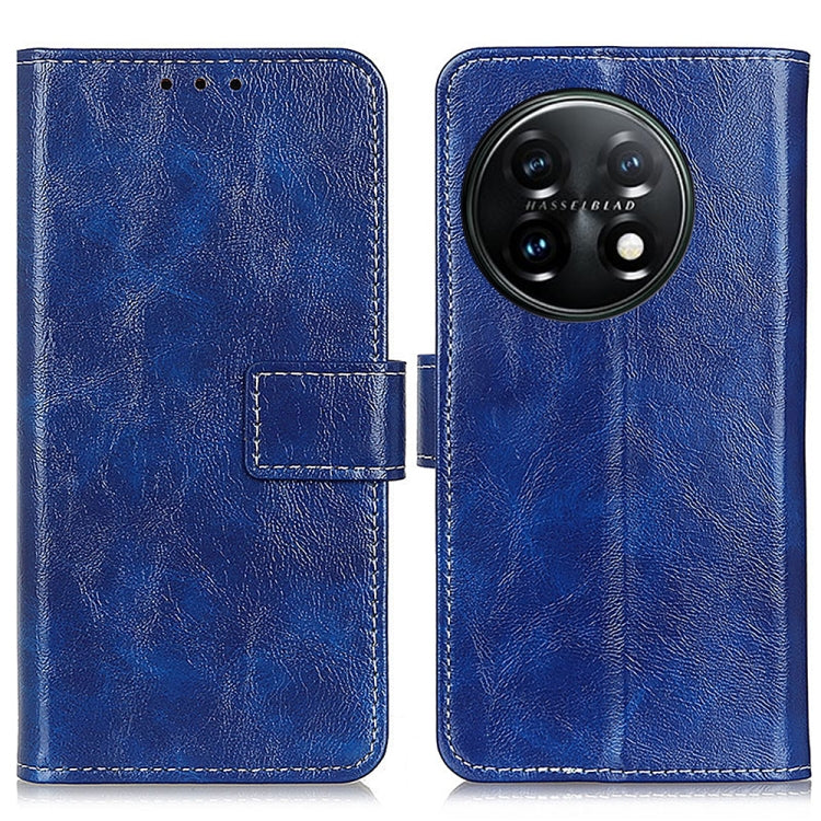 Blue leather flip phone case with textured finish, card holder, circular triple camera cutout