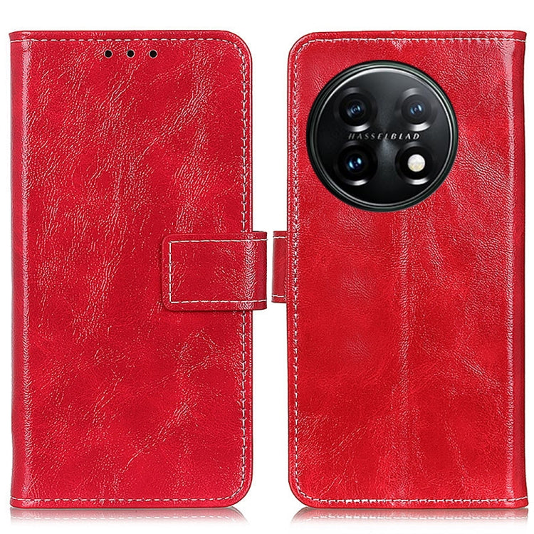 Red leather flip phone case with textured finish, card holder, circular triple camera cutout
