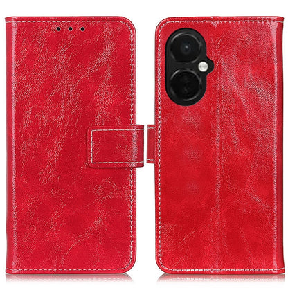 Red leather flip phone case with textured finish, card holder, single camera window