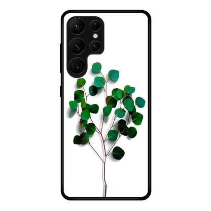 Painted glass phone case with green leaf branch illustration