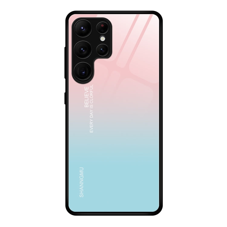 Painted glass phone case with pink-to-blue gradient and diagonal stripes