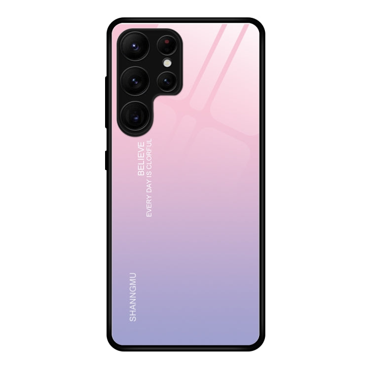 Painted glass phone case with purple-blue gradient and small script