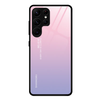 Painted glass phone case with purple-blue gradient and small script