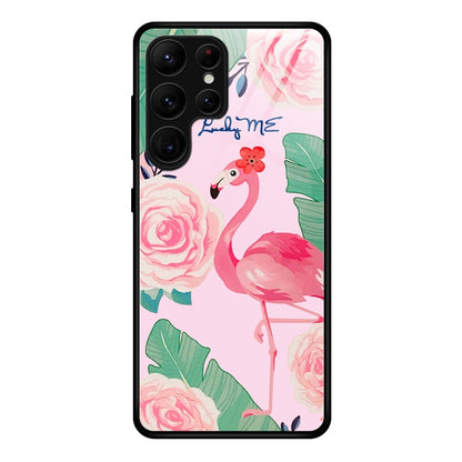 Painted glass phone case with flamingo, roses, and tropical leaves