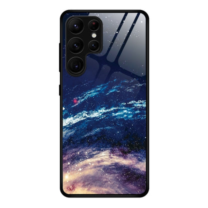 Glass phone case with deep blue starfield galaxy and glowing nebula swirls