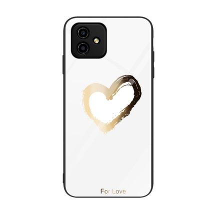 Glass phone case with beige-gold heart brushstroke on white background