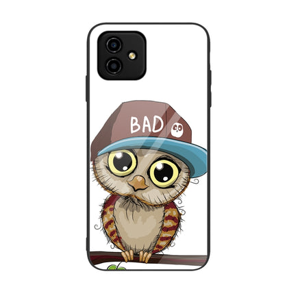 Painted glass phone case with cartoon cat wearing cap and 'BAD' text