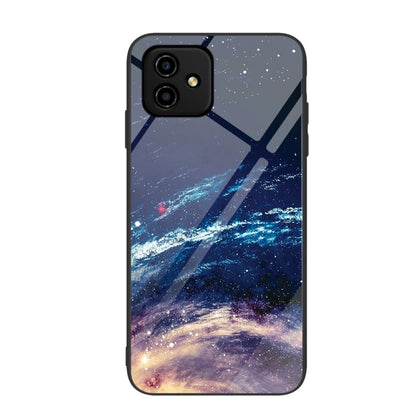 Painted glass phone case with starry galaxy pattern and glowing light trail