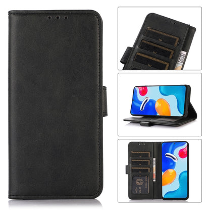 Black flip leather phone case with stitched edges and top speaker cutouts