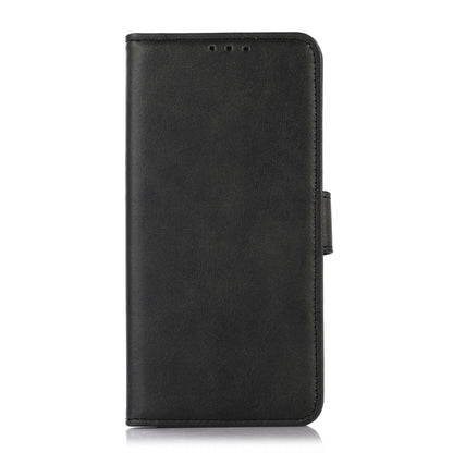 Black flip leather phone case back with side hinge and camera-free design
