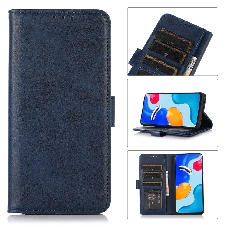 Blue flip leather phone case with stitched edges and top speaker cutouts