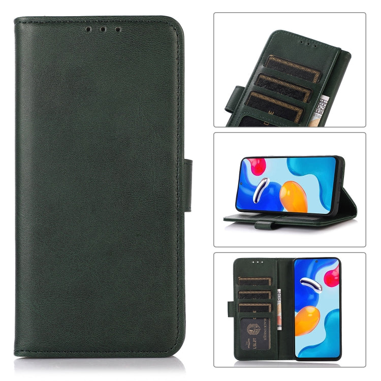 Green flip leather phone case with stitched edges and top speaker cutouts