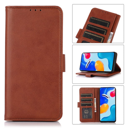 Brown flip leather phone case with stitched edges and top speaker cutouts