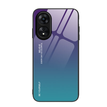 Glass phone case with blue-to-teal gradient and geometric stripe pattern