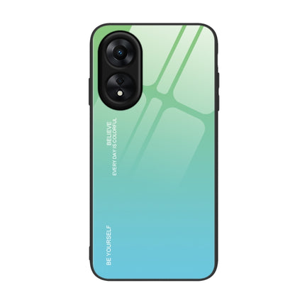 Glass phone case with green-to-cyan gradient and geometric stripe pattern