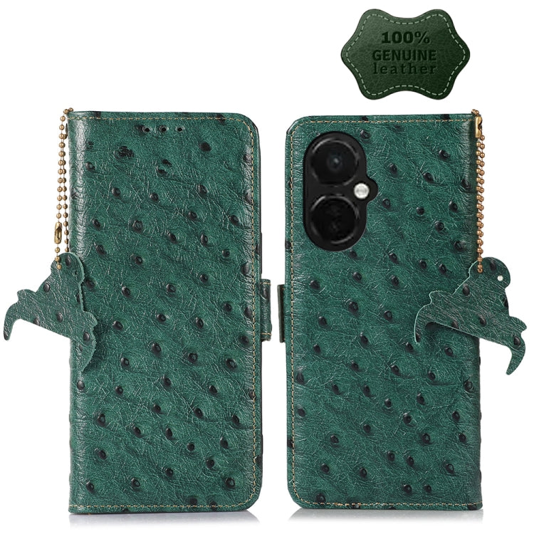 Green ostrich-pattern genuine leather phone case with flip cover and side cutouts
