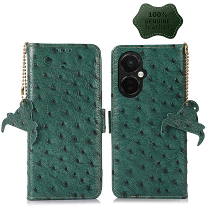 Green ostrich-pattern genuine leather phone case with flip cover and side cutouts