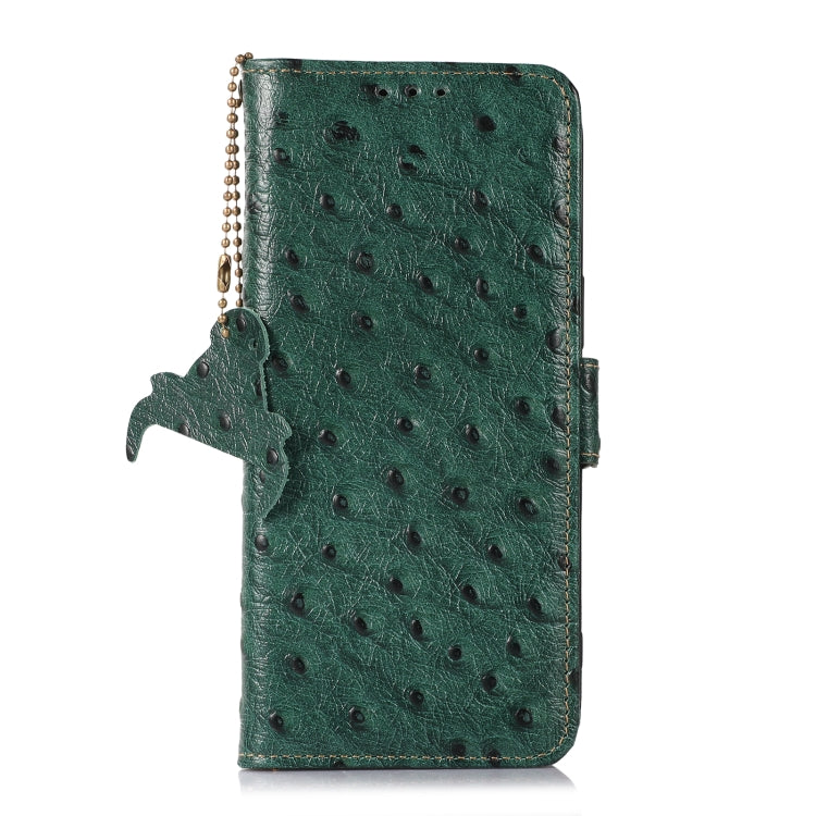 Green ostrich-pattern genuine leather flip phone case, side view with strap hardware