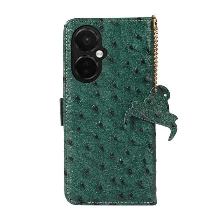 Green ostrich-pattern genuine leather phone case with camera cutout and flip cover